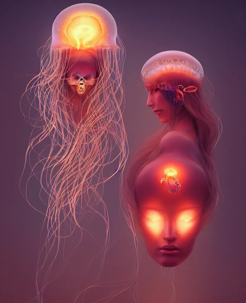 Prompt: goddess portrait. jellyfish phoenix head. nautilus butterfly skull intricate artwork by Tooth Wu and wlop and beeple. octane render, trending on artstation, greg rutkowski very coherent symmetrical artwork. cinematic, hyper realism, high detail, octane render, 8k