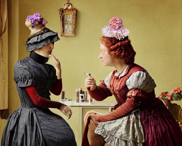 Image similar to an innocent and beautiful scene in hyper realistic style, about an old and lonely woman applying makeup in front of the camera, and modeling a victorian dress. a huge and colorful fish sits on her head.