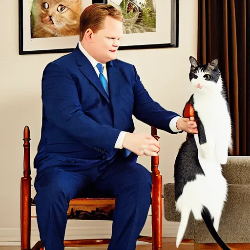 Image similar to Andy Richter wearing a blue dress shirt, necktie, navy dress pants sitting in a chair petting a calico cat