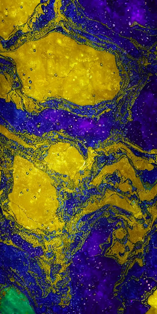 Image similar to beautiful liquid marble texture with big oil bubbles. harmonic chromatic golden tones coloured abstraction with purple splashes. ultradetailed realistic art