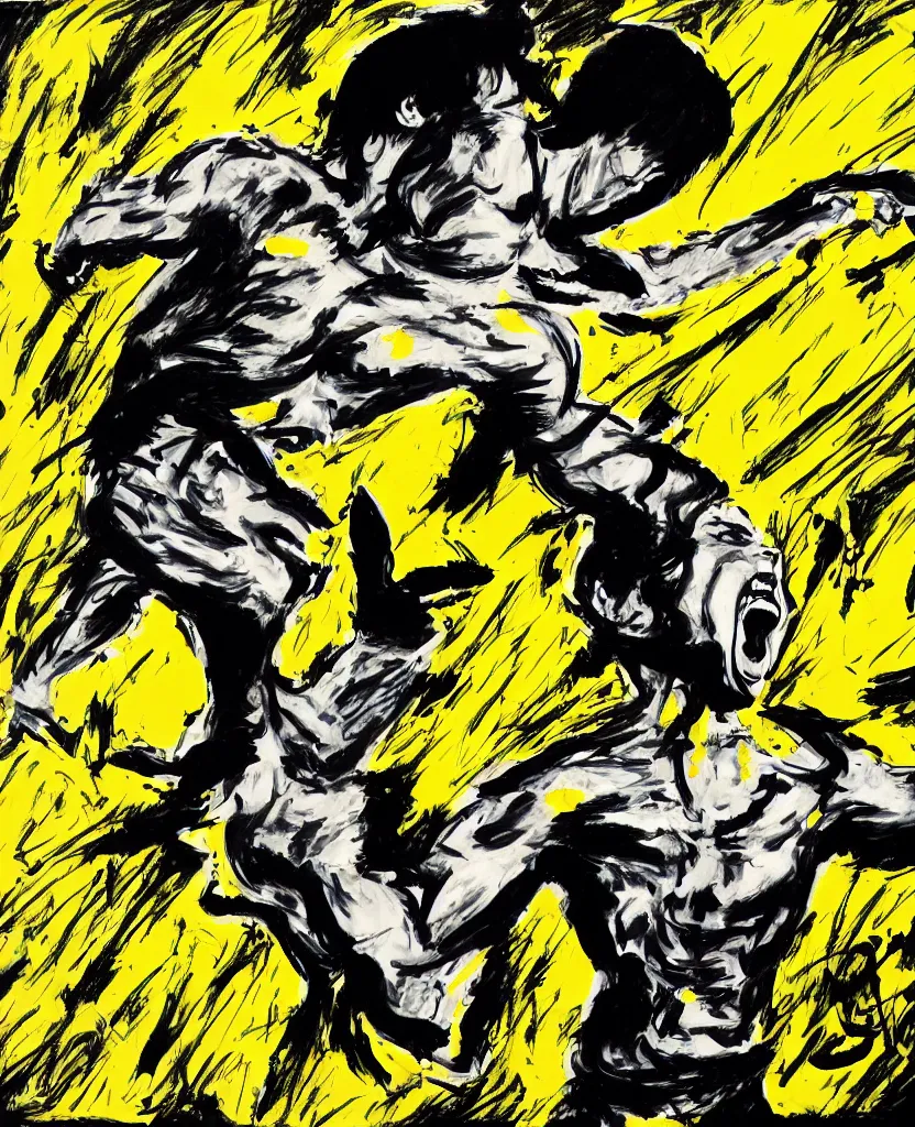 Prompt: a portrait of bruce lee screaming drawn with black and yellow permanent marker