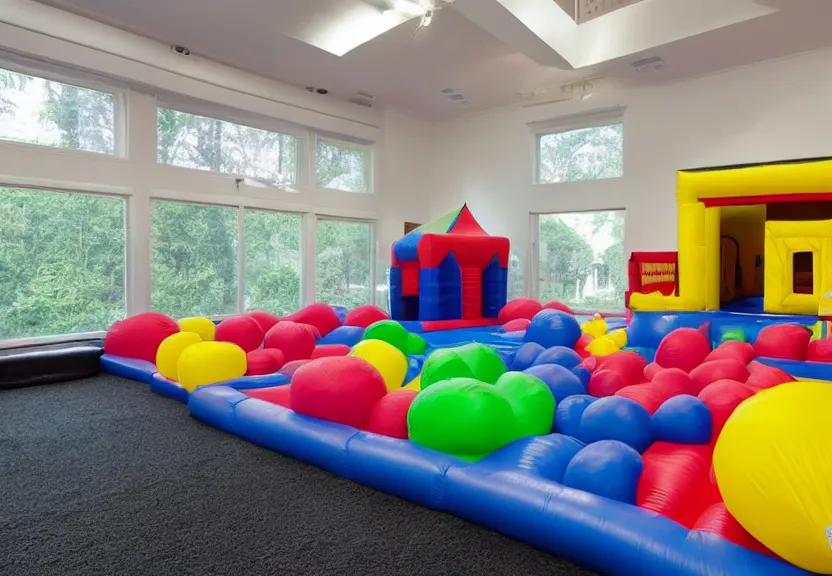 Image similar to A bouncy house with a ball pit and a black trampoline inside a big empty room with light coming through windows