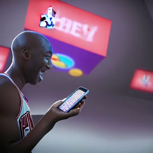 Image similar to Michael Jordan playing candy crush on his phone during the nba finals, matte painting, concept art, cgsociety, octane render, trending on artstation, artstationHD, artstationHQ, unreal engine, 4k, 8k