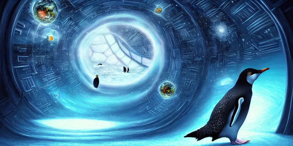 Image similar to an insanely beautiful and hyper detailed digital painting of a penguin staring out into a magical multiverse by ciryl rolando