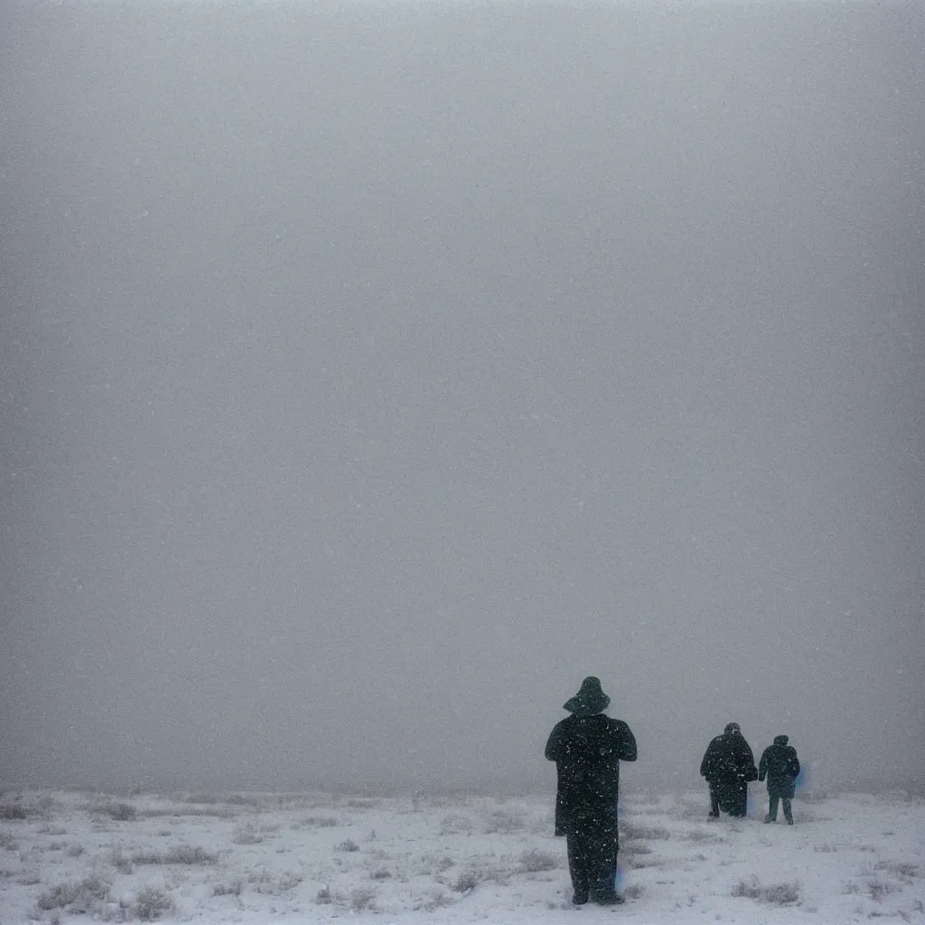 Image similar to photo of shiprock, new mexico during a snowstorm. a old man in a trench coat and a cane appears as a hazy silhouette in the distance, looking back over his shoulder. cold color temperature. blue hour morning light, snow storm. hazy atmosphere. humidity haze. kodak ektachrome, greenish expired film, award winning, low contrast,