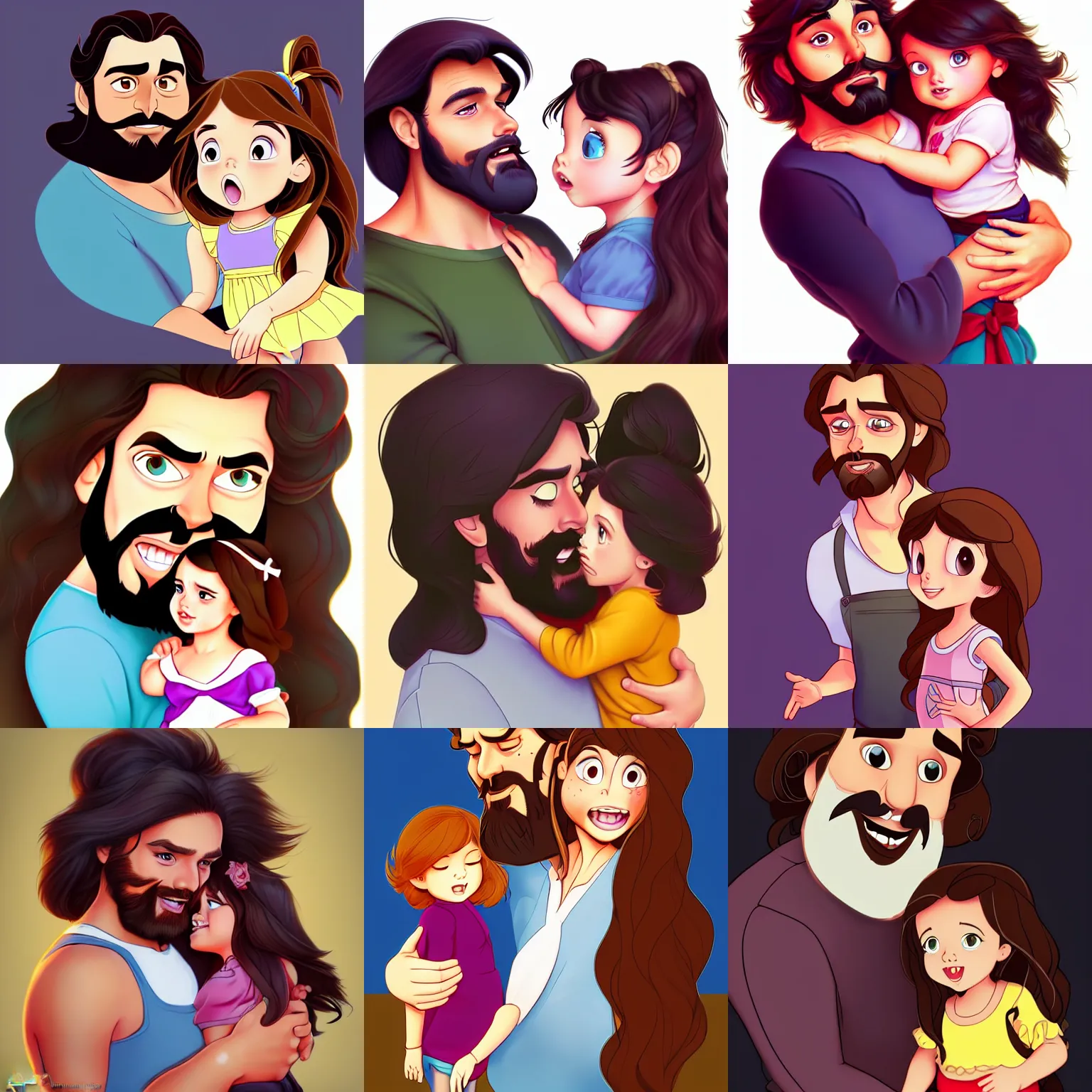 Image similar to a long - haired bearded father and his brunette child toddler girl full color digital illustration in the style of don bluth, artgerm, artstation trending, 4 k