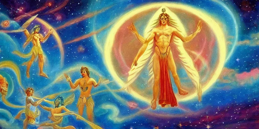 Prompt: vintage beautiful astral painting of the last buffer with the gods of sun and moon