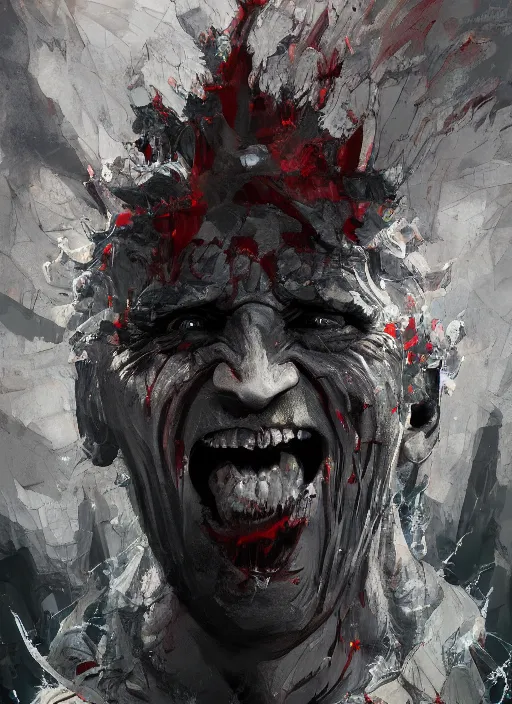 Image similar to crazy mad Joe Biden grinning demonic sadistic smile all powerful emperor of the world, high contrast, cosmic horror, abstract, masterpiece, trending on ArtStation, by Greg Rutkovski and by Craig Mullins and by David Cronenberg and by Ismail Inceoglu