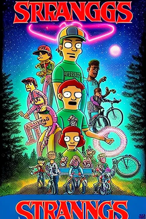 Image similar to Futurama Cast in Stranger Things poster by Matt Groening, high resolution, hyper detailed, intricate, illustrated, all cast members !n-9