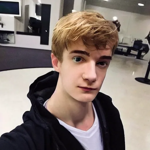 Image similar to “a realistic detailed photo of a guy who is an attractive humanoid who is half robot and half humanoid, who is a male android, twitch streamer Ninja Tyler Blevins, shiny skin, posing like a statue, blank stare”