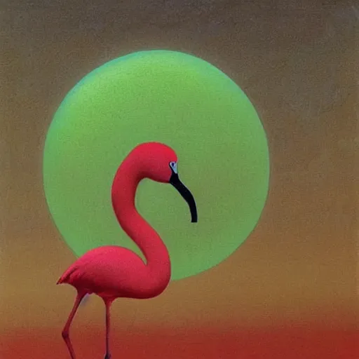 Prompt: painting of a green glowing orb being held by a flamingo in a desert by Zdzisław Beksiński