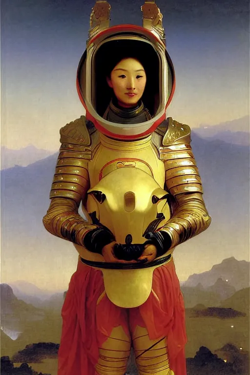 Image similar to portrait of a loong astronaut with chinese dragon armor and helmet, majestic, solemn, by bouguereau