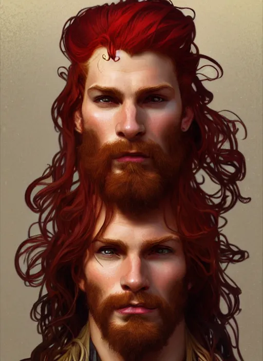 Prompt: portrait of a young ruggedly handsome but joyful pirate, male, masculine, full body, red hair, long hair, d & d, fantasy, intricate, elegant, highly detailed, digital painting, artstation, concept art, matte, sharp focus, illustration, art by alphonse mucha