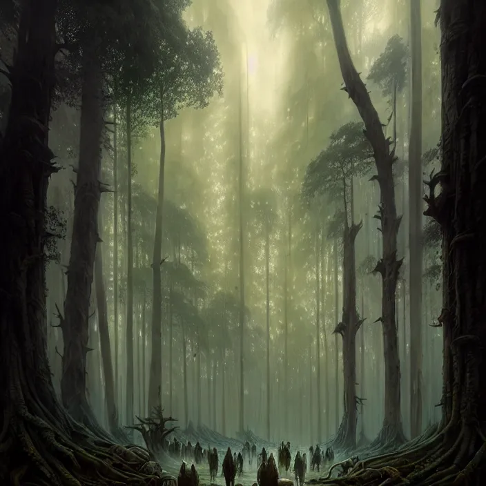 Image similar to the forest council, gods, environment, illustration, symmetrical, smoky, unreal engine, colors, epic scene, fantasy art by greg rutkowski, octane redner, golden raito, high quality, intricate details, highly details, intricate, atmosphere, highly detailed, matte painting, cinematic, deviantart, realistic, concept art, 4 k