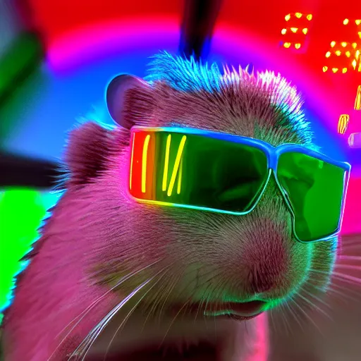 Image similar to rainbow hamster! in a cyberpunk! city, neon lights, light reflection, logo, 8 k, hd