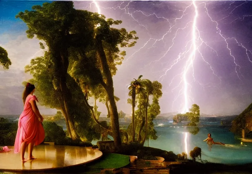 Image similar to Girl at the palace, refracted sparkles, thunderstorm, greek pool, beach and Tropical vegetation on the background major arcana sky, by paul delaroche, hyperrealistic 4k uhd, award-winning, very very very detailed