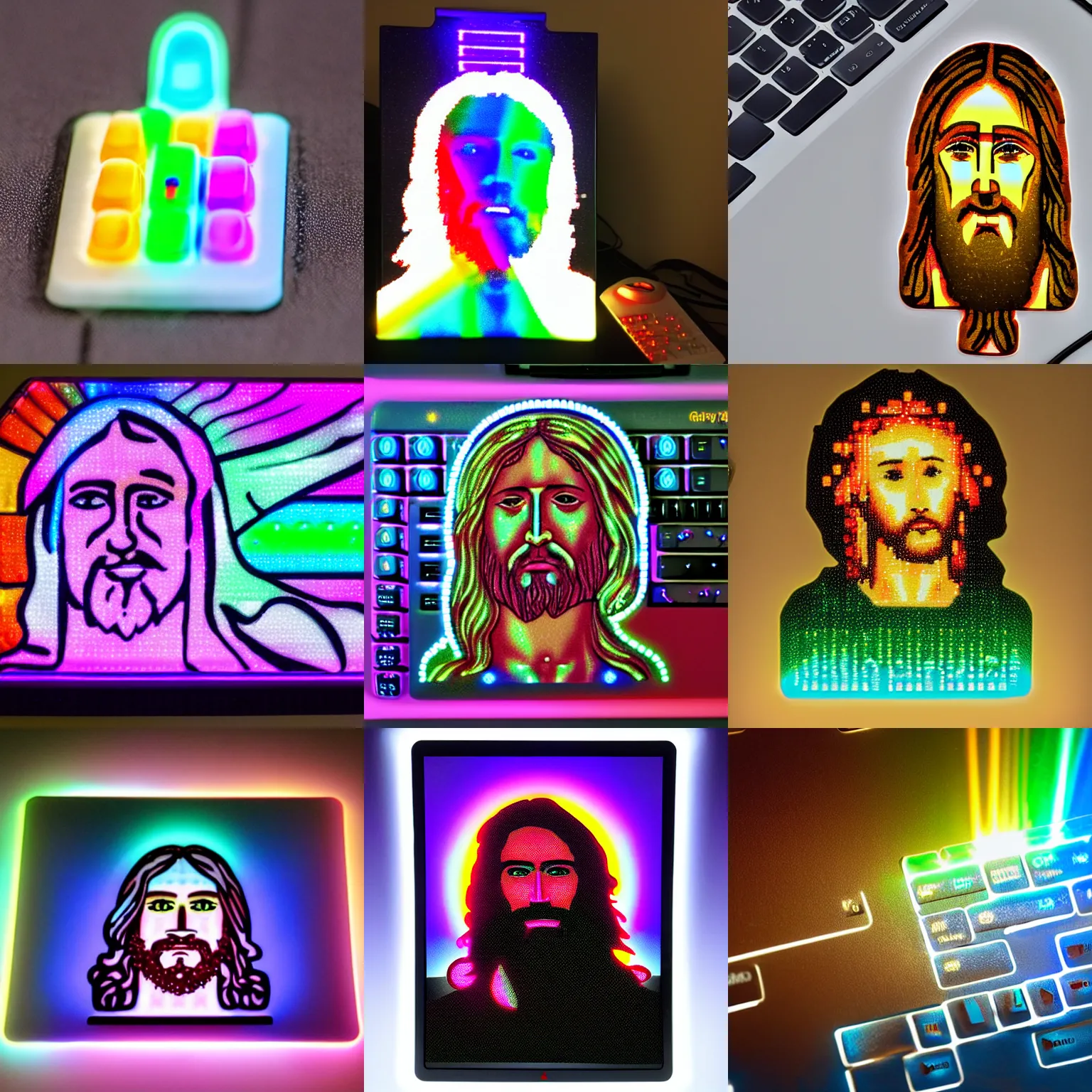 Prompt: jesus christ programming on a keyboard backlit with rainbow leds