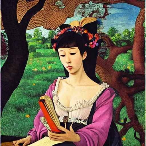 Prompt: interesting maximalist elaborate full body portrait of a beautiful medieval girl, with a beautiful face, in a fancy elaborate dress, reading a book, next to a tree, in the style of Caravaggio, kawase hasui and paul klee. seen from the long distance. mixed media, vibrant 3d textures, natural shiny colours. amazing hyperdetailed fashion of Vivienne Westwood. HD wide view 8x no frame matte background