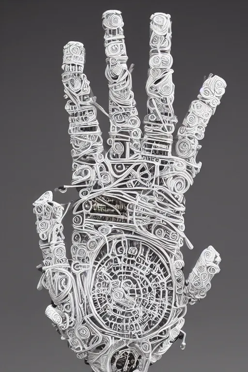 Prompt: cybernetic robotic hand made of engraved ceramic, wires and circuitry, engraved in sanskrit writing