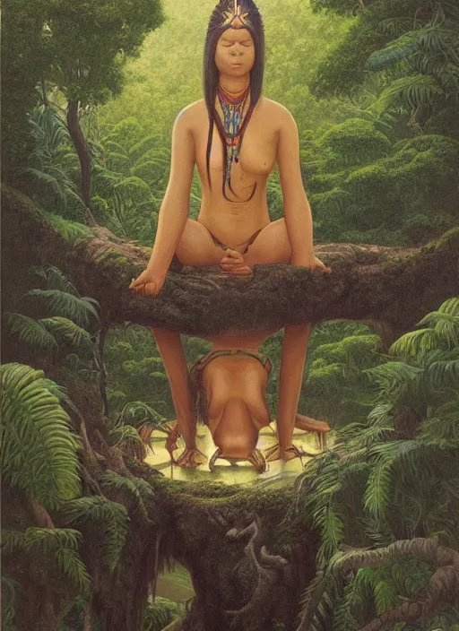 Image similar to an indigenous woman meditating in the amazon jungle, gazing at the water, highly detailed, art by christophe vacher