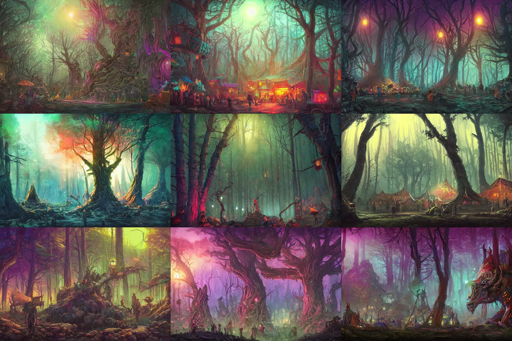 Prompt: festival in a town, bazar, yggdrasil growing in a dark forest, ancient city, colorfully, dark mood, detailed illustration, dark climate, digital art, highly saturated colors, overdetailed art, concept art, detailed illustration, hd, 4 k, digital art, greg, dan mumford, rutkowski, wlop, trending on artstation