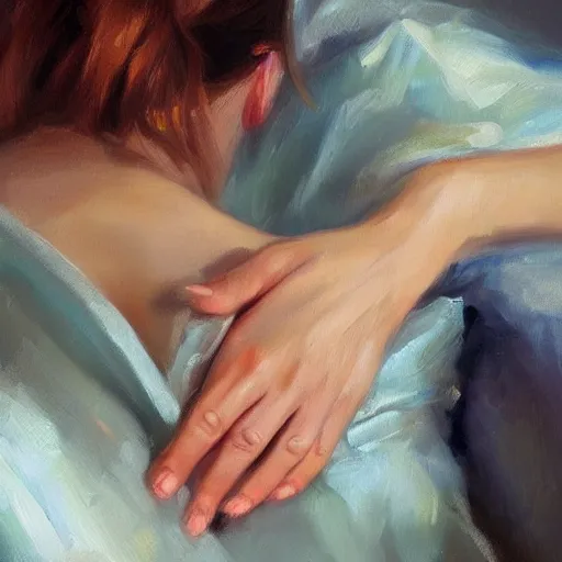 Prompt: a woman's hand, anatomically correct, relaxed pose, morning, highly detailed, ultrarealistic oil painting, vladimir volegov, artstation