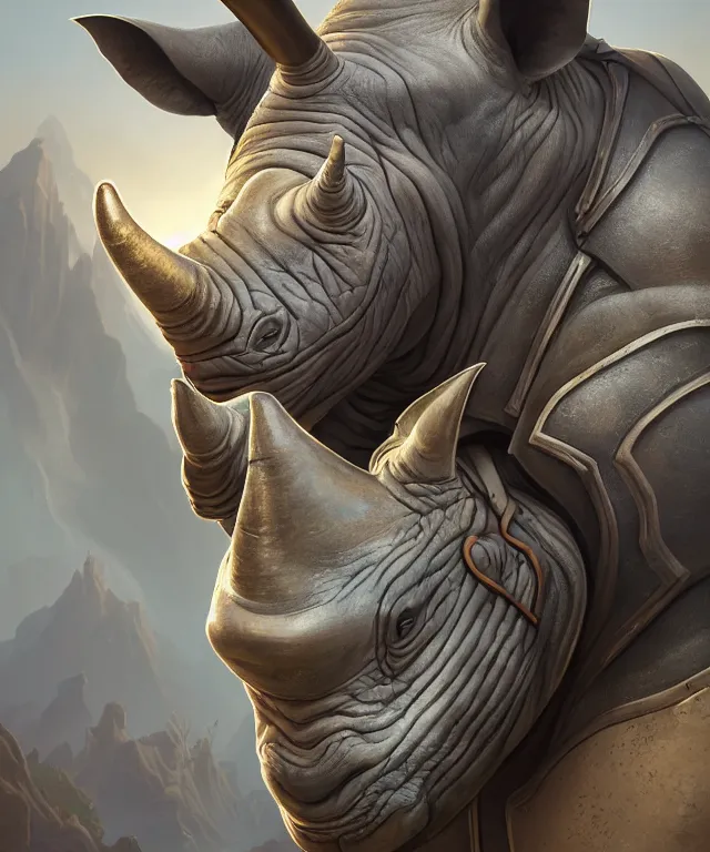 Prompt: A beautiful portrait of an anthropomorphic rhino wearing paladin armor, character design, by Pixar style by Tristan Eaton_Stanley Artgerm and blizzard studios and Tom Bagshaw, hyper realism, high detail, trending on artstation, unreal engine 5, Lumen, 8k, 38mm photography