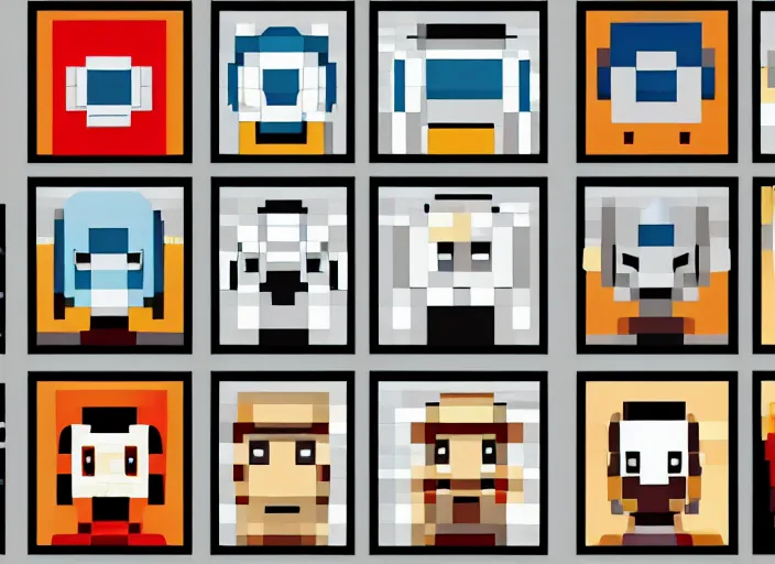 Prompt: a 3 - by - 3 grid of 9 framed closeup face portraits of cute evil robots, in the style of mega man.