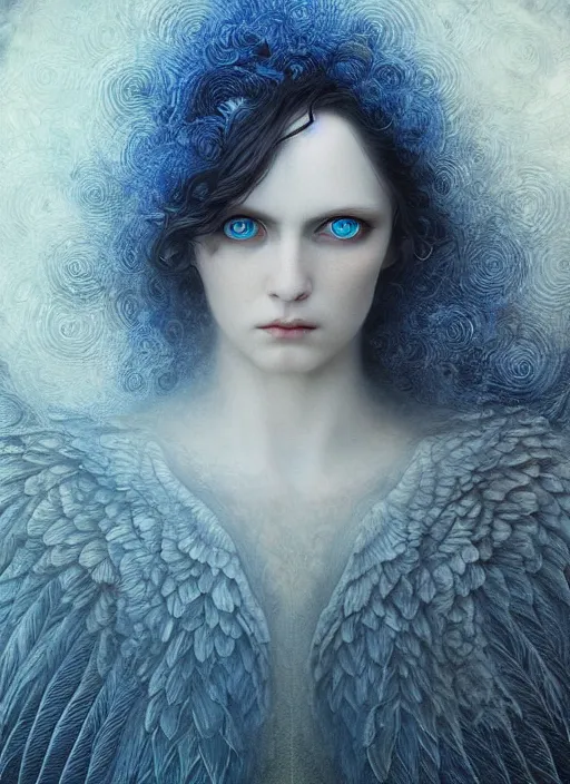 Image similar to Her huge ominous glowing blue eyes staring into my soul , perfect eyes, soft pale white skin, intricate stunning highly detailed, agostino arrivabene, artgerm, twisted dark lucid dream, 8k portrait render, raven angel wings, swirling thick smoke , beautiful lighting, dark fantasy art, cgsociety