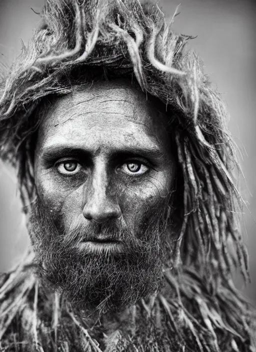 Image similar to Award winning Editorial photo of a Early-medieval Native Liechtensteiners with incredible hair and beautiful hyper-detailed eyes wearing traditional garb by Lee Jeffries, 85mm ND 5, perfect lighting, gelatin silver process