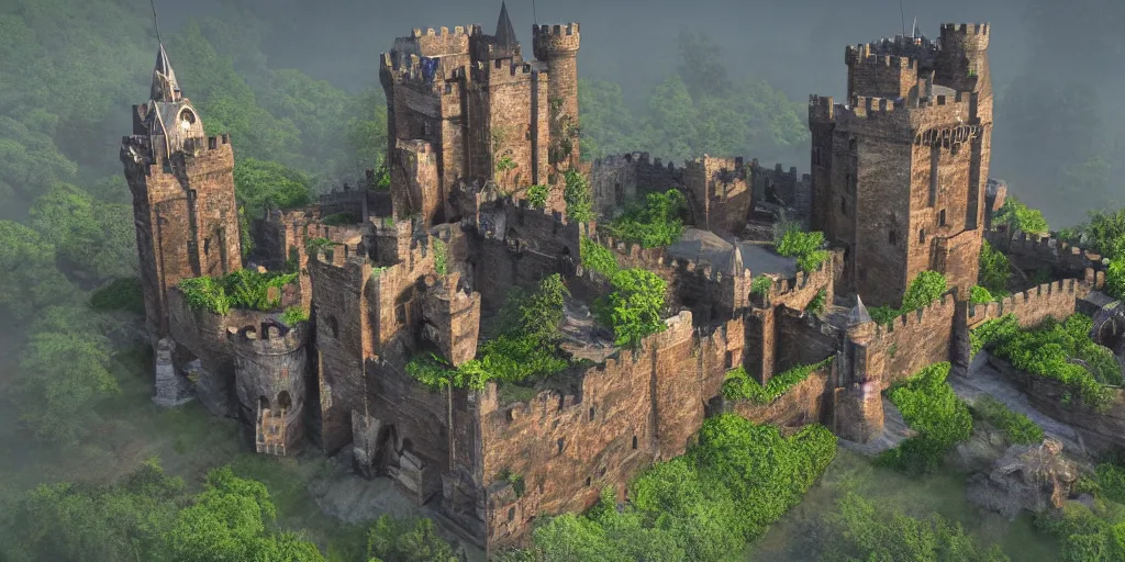 Image similar to 3 d medieval castle in the jungle, artstation, 4 k