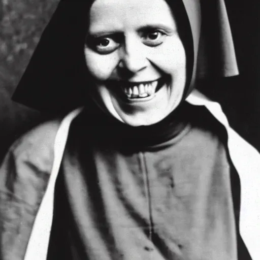 Prompt: antique photograph of an evil catholic nun, crazy eyes wide open, horror, staring at the camera, evil smile, sharp teeth, headshot, dark background, low exposure, cracked and faded, dark