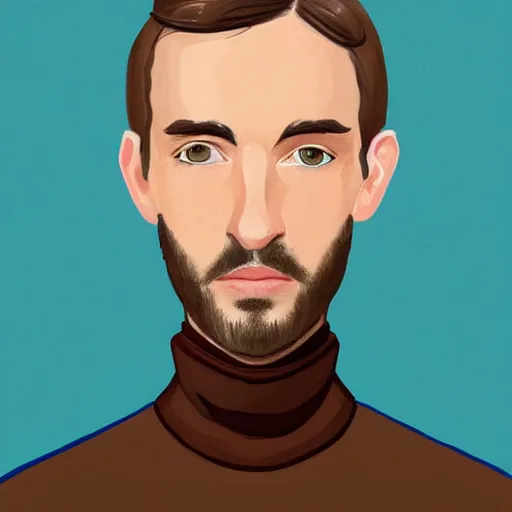 Image similar to gangly man with shortlight brown wavy hair, light brown short beard, no mustache, English heritage, blue eyes, middle aged, wearing a turtleneck and jacket, pale skin, narrow face, digital art, painterly, cartoon, cute, 8k, illustration, art by loish, painterly, trending on artstation, medium shot, uncropped