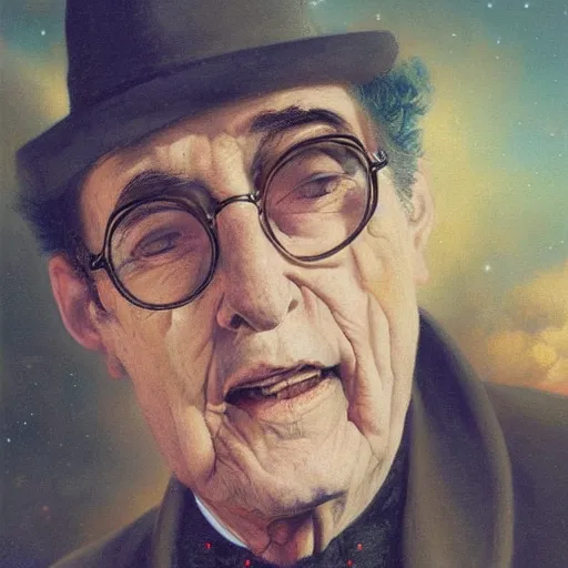 Image similar to UHD tonalism cosmic painting of an elderly, old Buddy Holly, by Antonio Caparo and Ferdinand Knab and Greg Rutkowski, UHD, photorealistic, trending on artstation, trending on deviantart