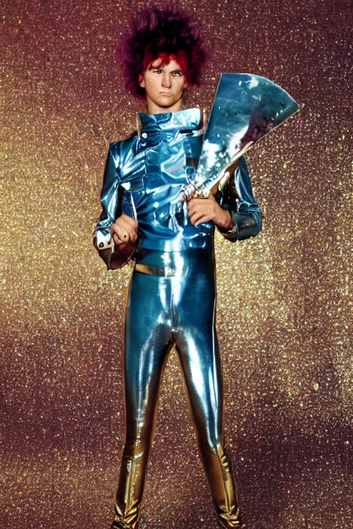 Image similar to portrait davis taylor brown dressed in 1 9 8 1 space fantasy fashion, new wave, shiny metal, standing in a desert