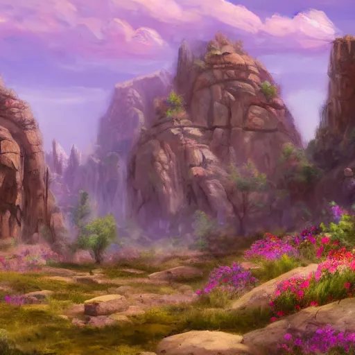 Image similar to a matte painting of the wild west, patchy flowers and rocks, oil painting, pale colors, high detail, 8 k, wide angle, trending on artstation,