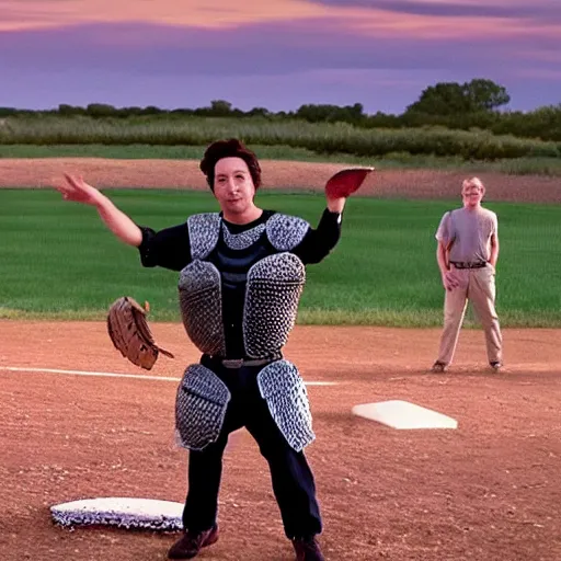 Prompt: photo of zach braff in chainmail armor catching a baseball on flat plains with no vegetation during sunset, hd