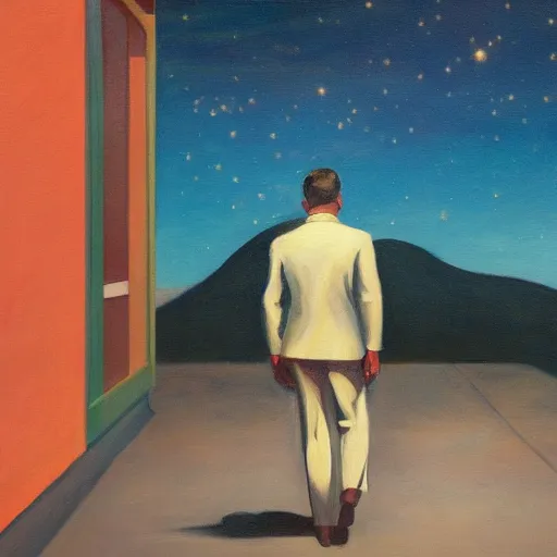 Image similar to a painting of a man walking down a lonely street on another planet and the sky is covered in stars, the head of the man is a skull, he is wearing a suit, in the style of edward hopper, 4 k,