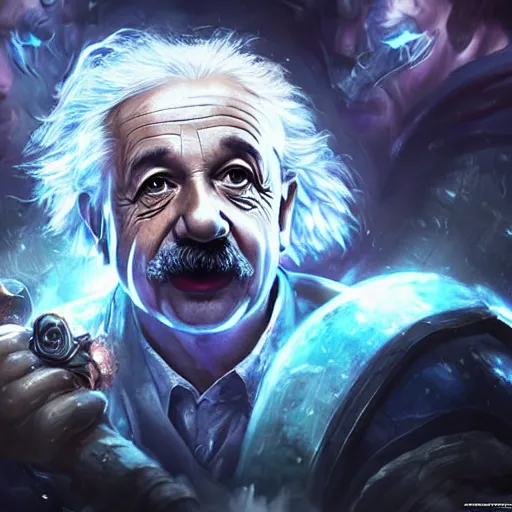 Image similar to portrait of albert einstein as a spellcaster, league of legends amazing splashscreen artwork, gears of war, splash art, natural light, elegant, photorealistic facial features, intricate, fantasy, detailed face, atmospheric lighting, anamorphic lens flare, cinematic lighting, league of legends splash art, hd wallpaper, ultra high details by greg rutkowski