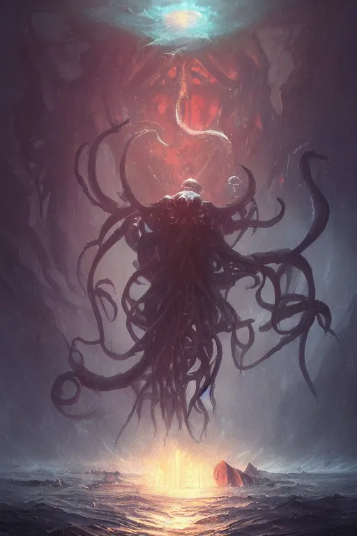 Image similar to cthulhu, eldritch, cosmic, nightmare, ocean, storm, digital art, magic the gathering, mtg, by greg rutkowski, trending on artstation