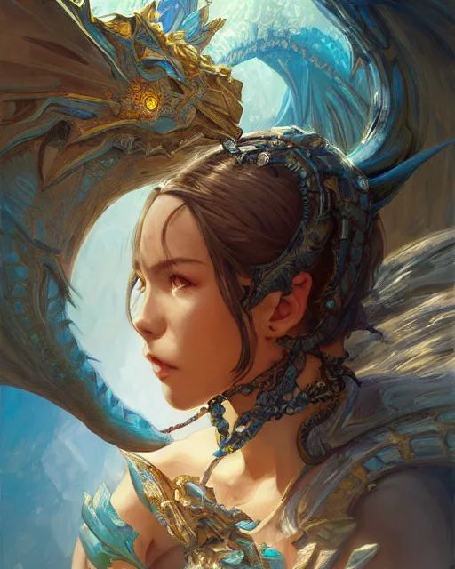 Image similar to Portrait of a Fantasy azure dragon hunter, HD, illustration, epic, D&D, fantasy, intricate, elegant, highly detailed, digital painting, artstation, concept art, smooth, sharp focus, illustration, art by artgerm and greg rutkowski and alphonse mucha, monster hunter illustrations art book