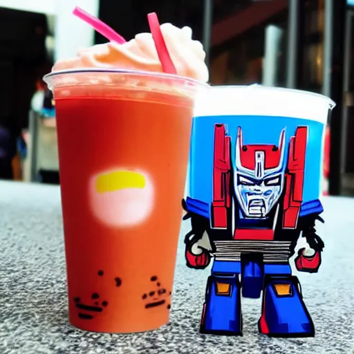 Image similar to optimus prime drinking milk tea