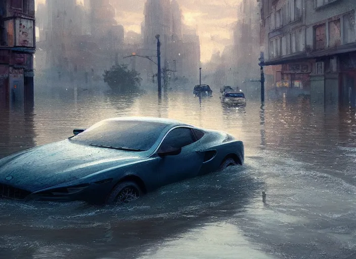 Image similar to a car driving through shallow water, flooded city, muted colors, hyperrealistic, oil painting, intricate, cgsociety, artstation, 8 k, cinematic, soft lighting, by greg rutkowski, by wlop, by artgerm