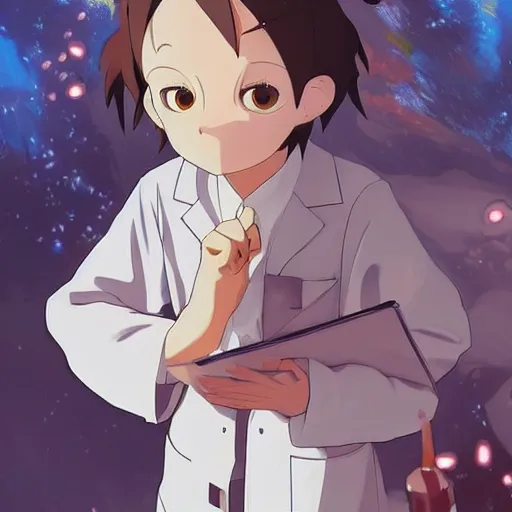 Image similar to a scientist monkey wearing a lab coat, illustration concept art anime key visual trending pixiv fanbox by wlop and greg rutkowski and makoto shinkai and studio ghibli and kyoto animation symmetrical facial features