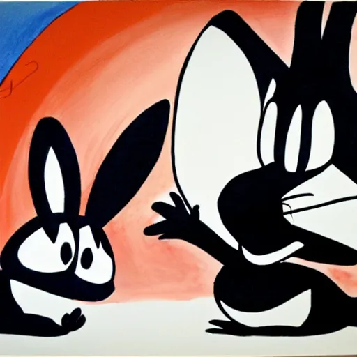 Prompt: Sumi-E painting of Bugs Bunny slapping Daffy Duck.