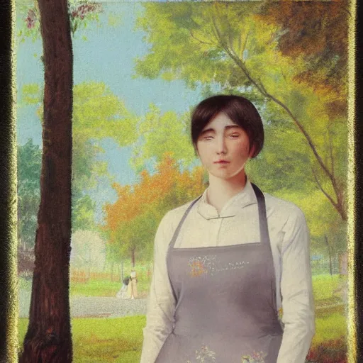 Prompt: a beautiful full body portrait of a young woman wearing an apron standing in a park, kantoku, james gilleard, very detailed, matte, gaussian blur, tone mapped William-Adolphe