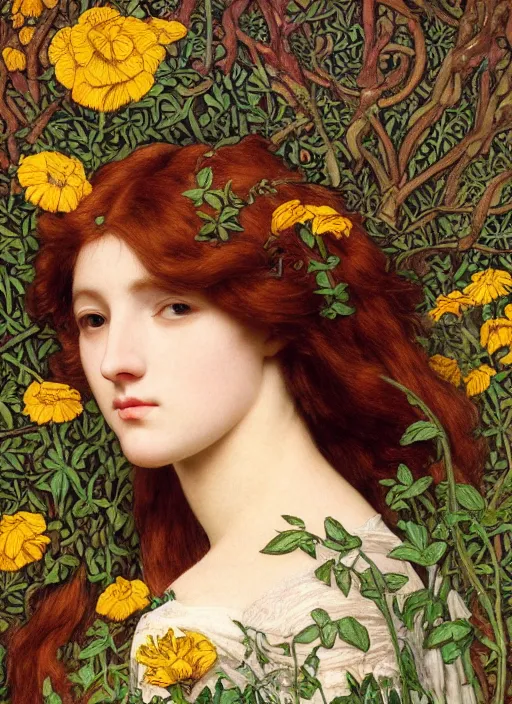 Prompt: masterpiece beautiful seductive flowing curves preraphaelite face portrait amongst flowers, extreme close up shot, straight bangs, thick set features, yellow ochre ornate medieval dress, laying amongst foliage mushroom forest circle arch, frederic leighton and kilian eng and rosetti and preraphaelites, william morris, 4 k