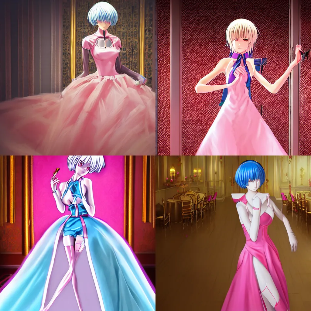 Prompt: Hyperrealistic render, Rei Ayanami from Evangelion, wearing a pink ballroom gown, background of a golden ballroom, highly detailed, trending on pixiv