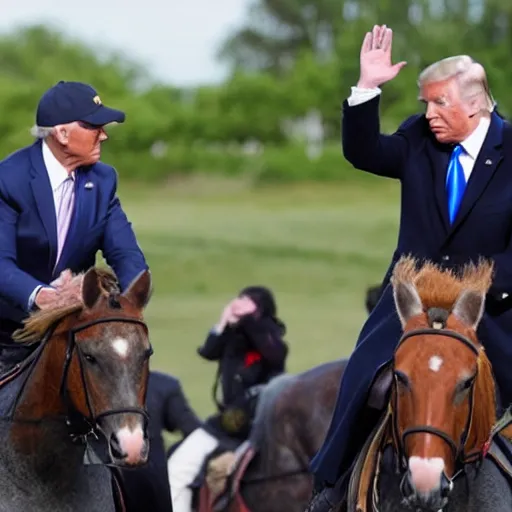 Image similar to joe biden and Donald trump riding a horse together