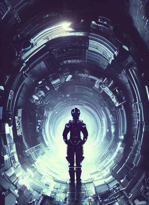 Image similar to a man in a space suit standing in a tunnel, cyberpunk art by neil blevins, cgsociety, retrofuturism, sci - fi, darksynth, dystopian art